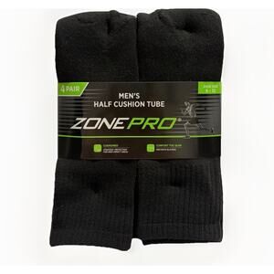 Zone Pro Mens Half Cushion Tube Socks 4 Pair Black Shoe Size 6-12 Crew NEW